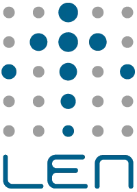 Logo a colori Gruppo Len che rappresenta una freccia verso l'alto composta da pallini blu su uno sfondo di pallini grigi